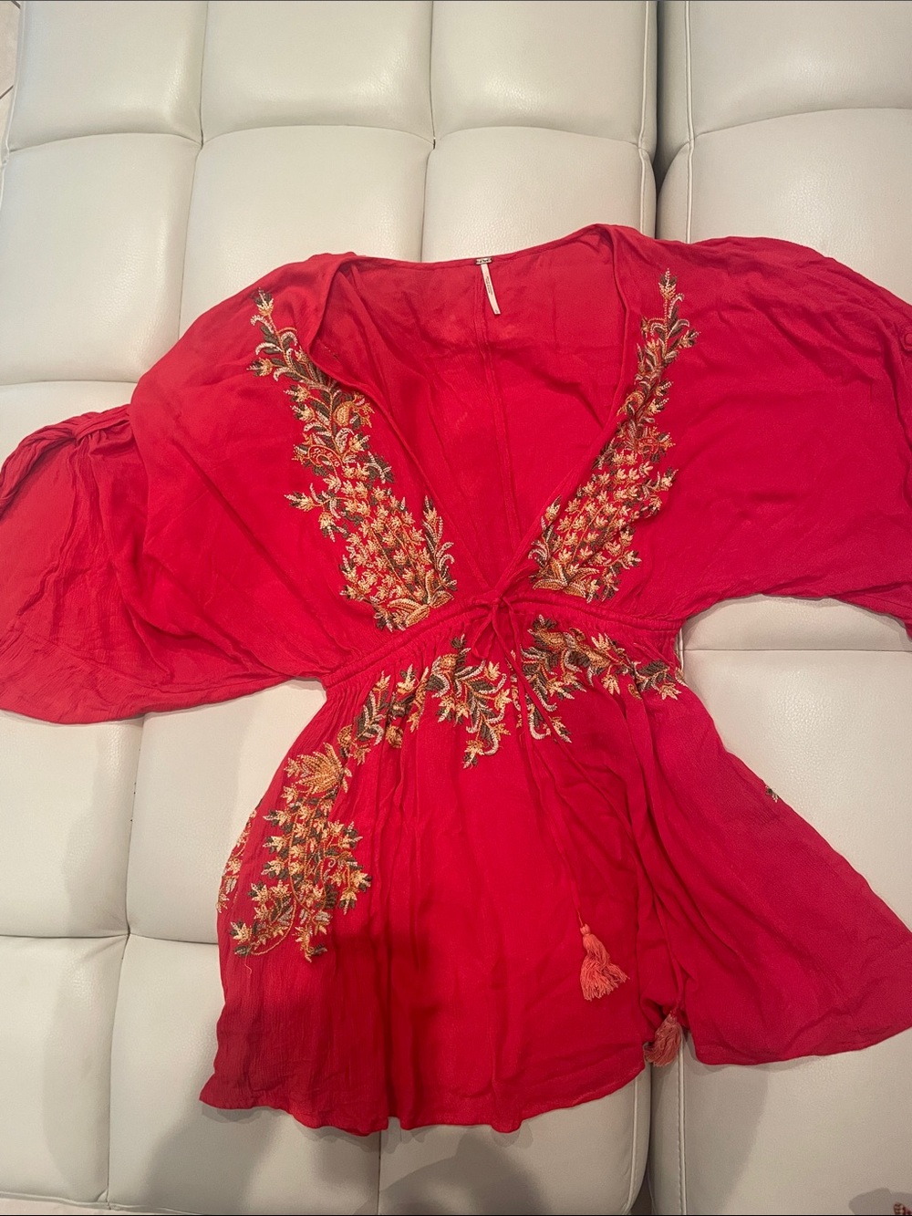 Free People Red Embroidered V-Neck Tunic size L.